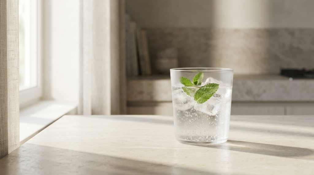 A frosted glass of sparkling water with ice and mint on a pale stone surface in