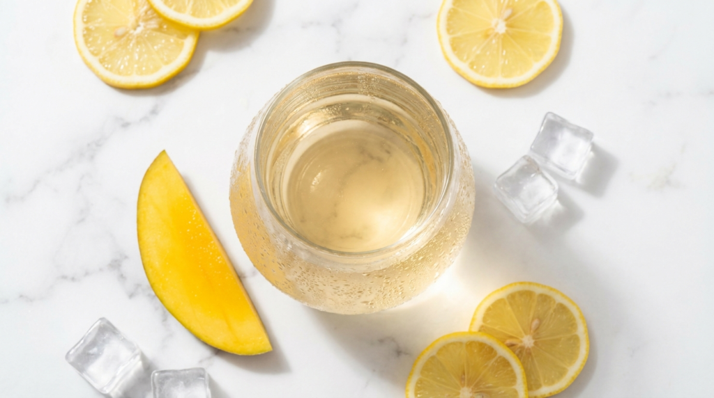A refreshing glass of clear whey protein drink with lemon and mango garnish on a clean white surface
