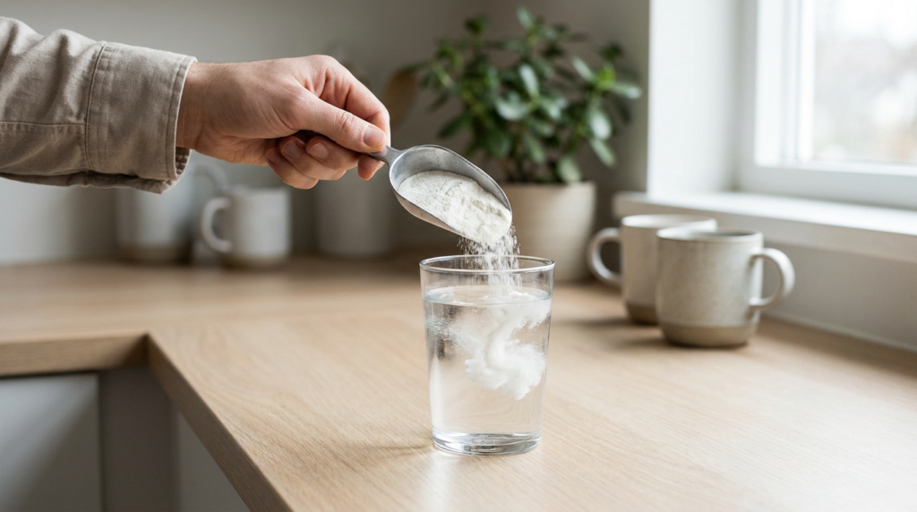 Creatine powder being mixed into a glass of water in a modern gym setting