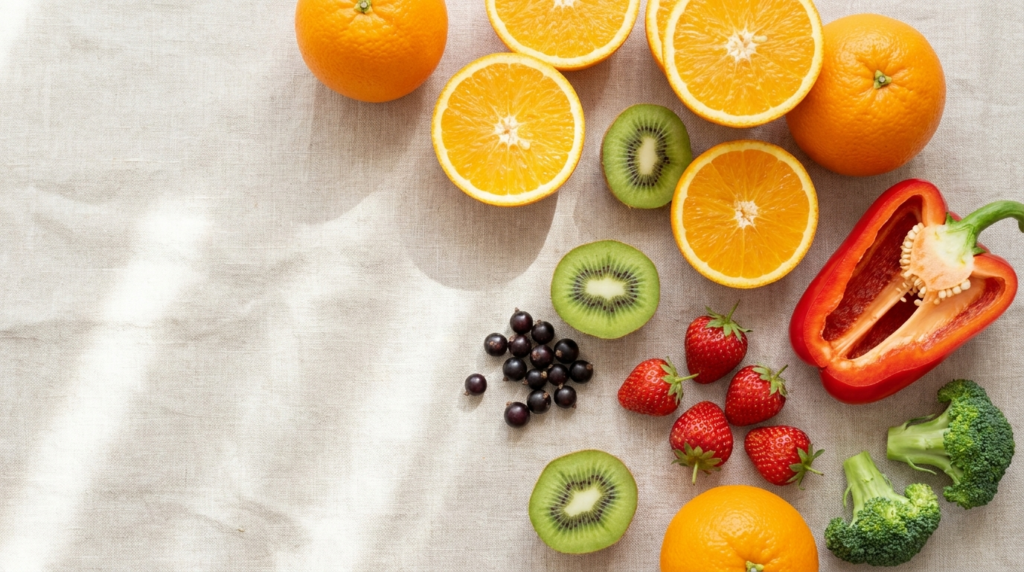 Flat lay of fresh vitamin C-rich foods: oranges, red pepper, kiwi, strawberries,