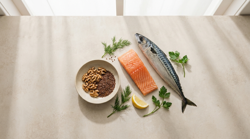 Overhead flat lay of fresh salmon, mackerel, walnuts and flaxseed with lemon and