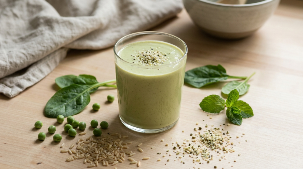 A fresh plant-based protein smoothie in a glass surrounded by peas, rice grains