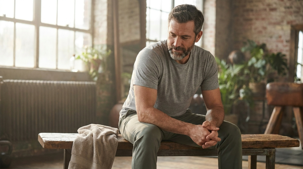 A fit man resting between sets on a weight bench in a naturally lit gym