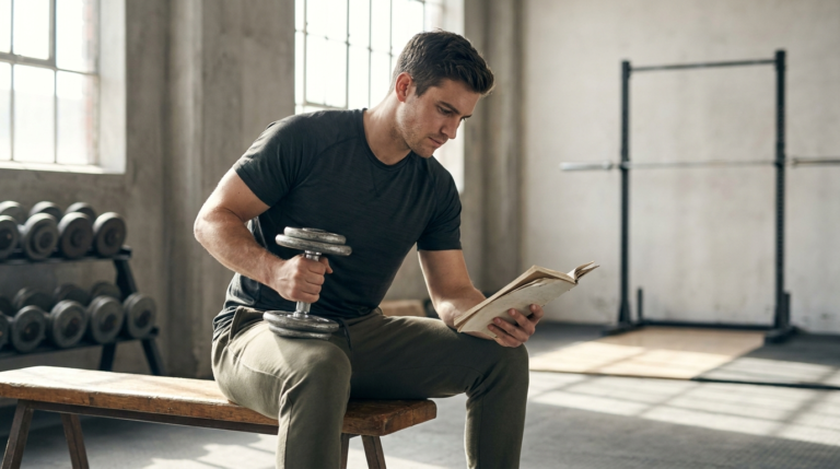 Athletic man resting between sets on a gym bench, checking his training logbook 