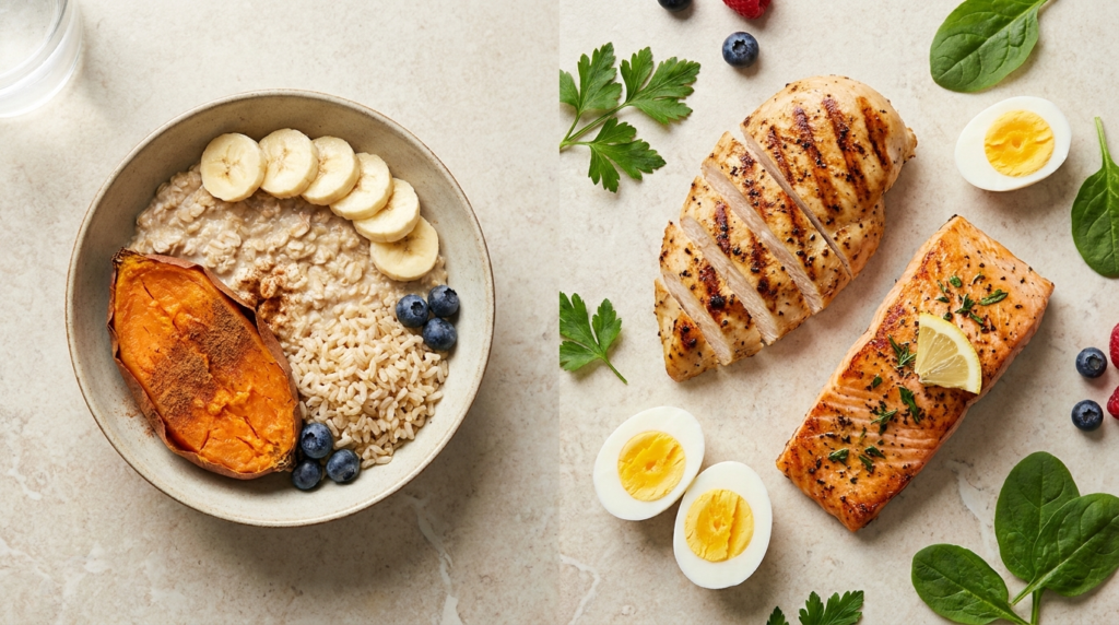 Overhead flat lay of a balanced athlete's meal, with slow carbohydrates on one s