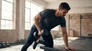 Athletic man performing a controlled dumbbell row with clean lifting technique i