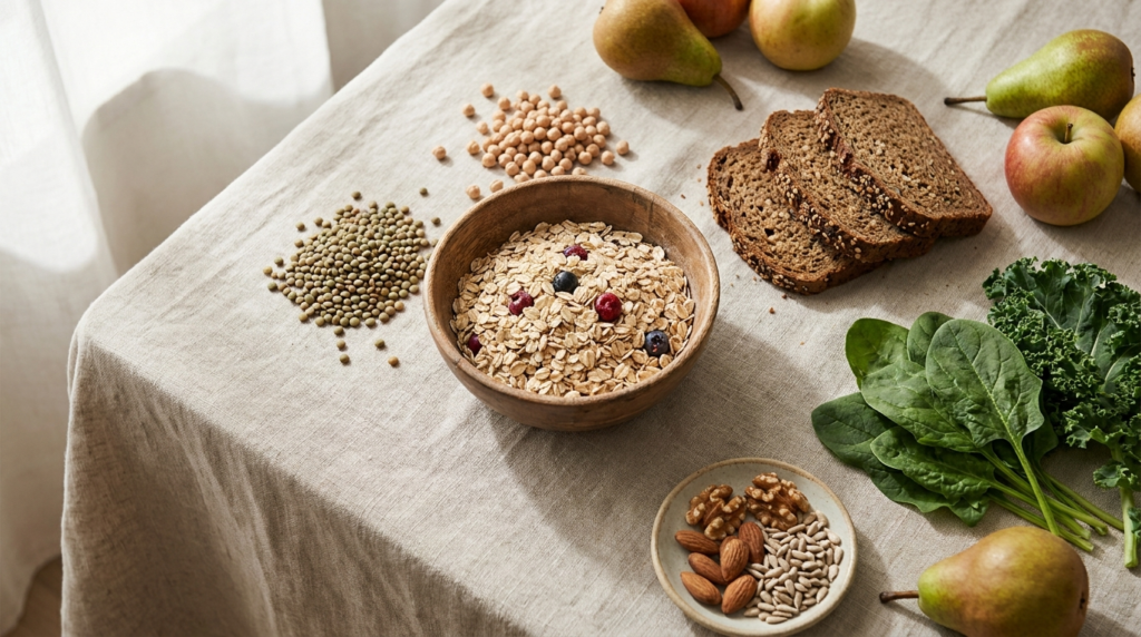 Overhead view of a high-fibre meal with oats, pulses, wholegrain bread, greens,