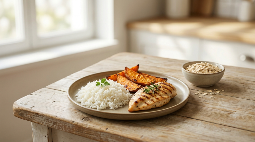 Lean cutting meal of white rice, roasted sweet potato and grilled chicken on a w