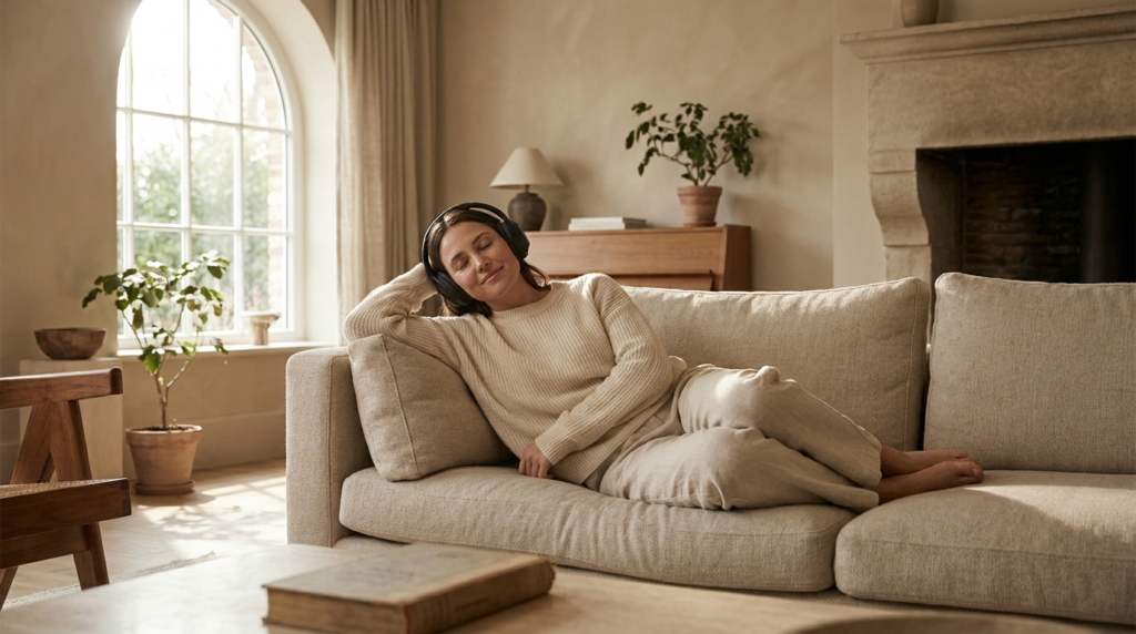 A person resting on a sofa with headphones on, taking a quiet moment of deep res