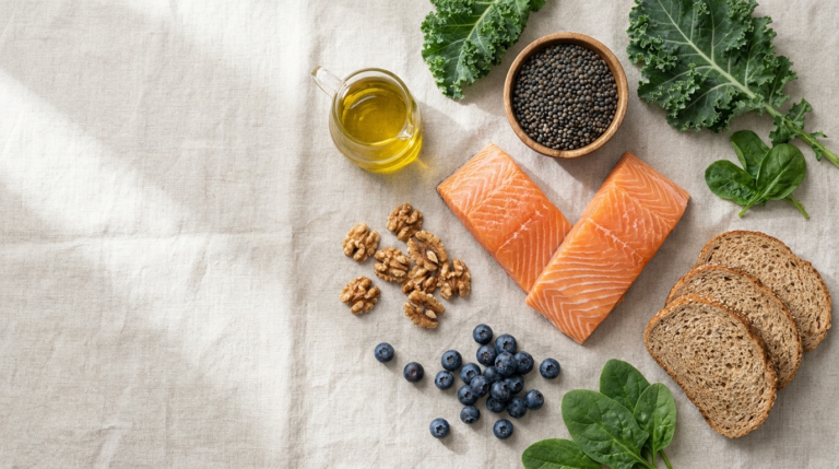 Overhead flat-lay of brain-healthy whole foods: salmon, walnuts, blueberries, le