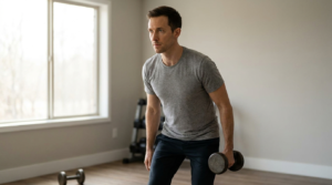 Lean athletic man training in a bright minimalist home gym in natural morning li