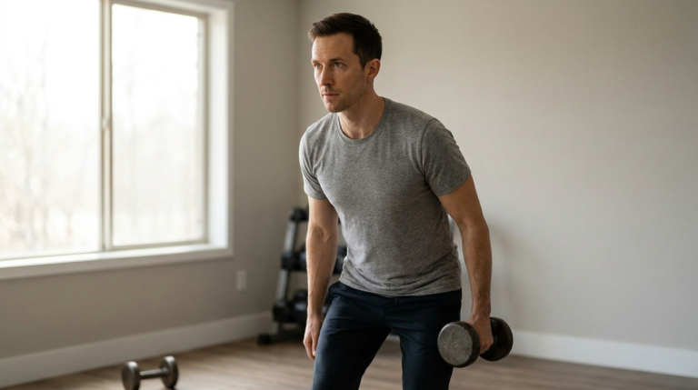 Lean athletic man training in a bright minimalist home gym in natural morning li