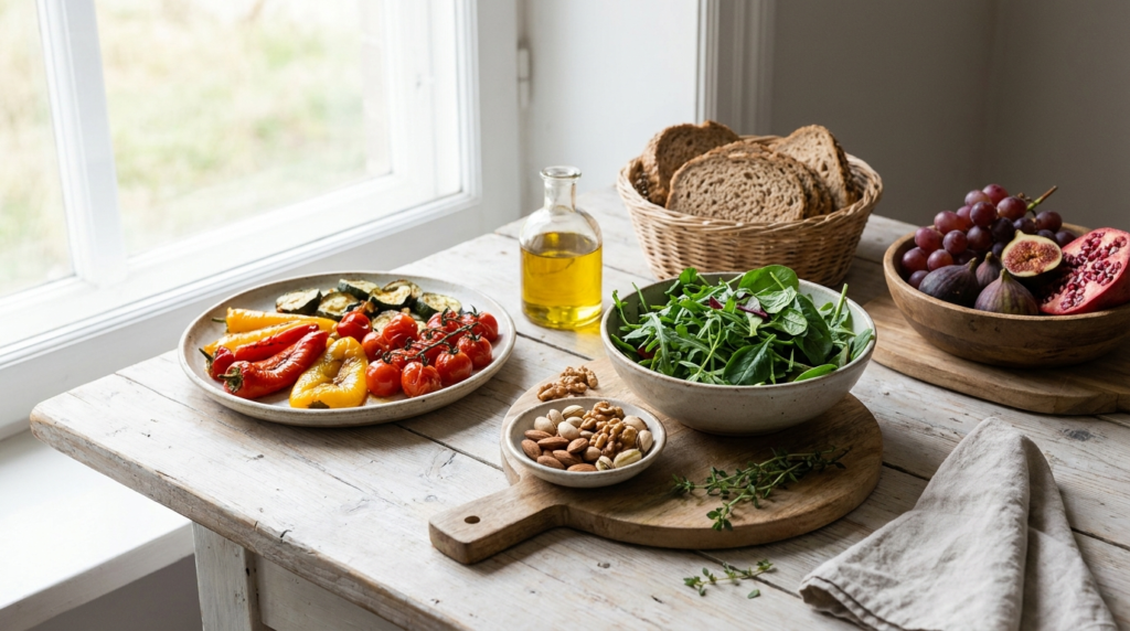 A fresh Mediterranean-style meal with vegetables, nuts, olive oil and fruit on a