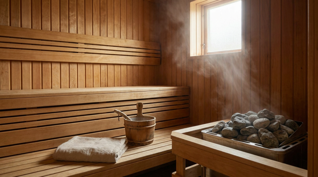 Interior of a traditional dry Finnish sauna with warm wooden benches and heated
