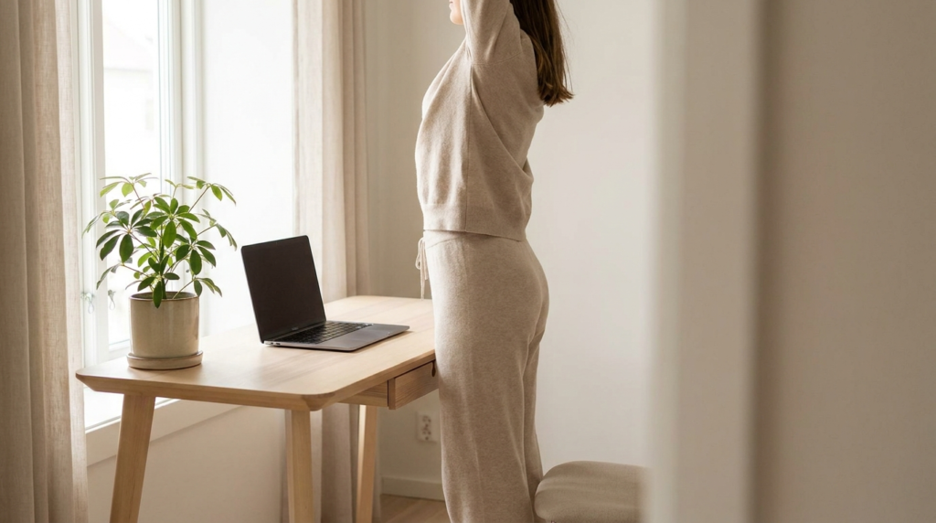 A person standing up to stretch at a bright home office desk after sitting
