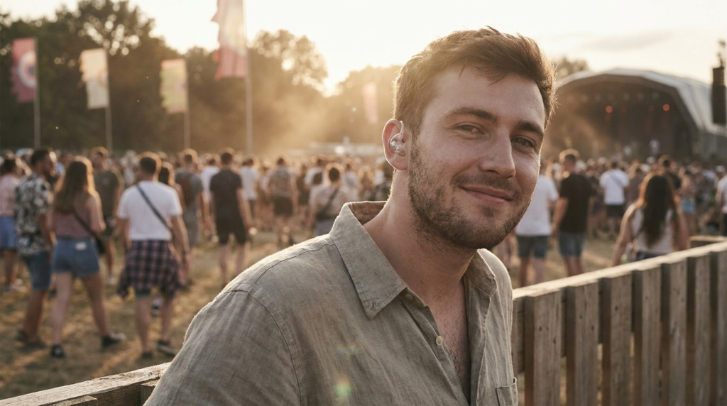 Young man wearing discreet musicians' earplugs at an outdoor festival at golden