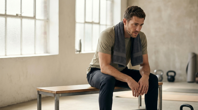 Tired man resting on a gym bench with a towel around his neck