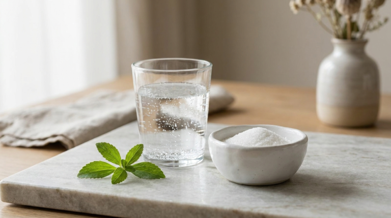 A glass of sparkling water beside a bowl of white sweetener and fresh stevia lea