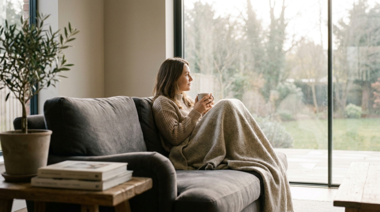 Calm woman wrapped in a blanket resting on a sofa with a mug of tea, looking out