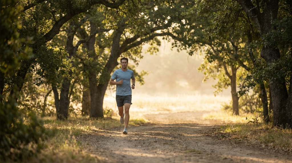 Runner jogging at an easy pace on a shaded tree-lined path in early morning ligh