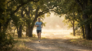 Runner jogging at an easy pace on a shaded tree-lined path in early morning ligh