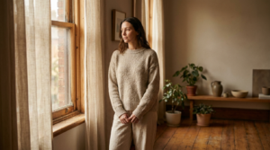 Calm woman standing by a window in soft natural morning light