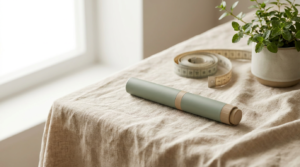 Unbranded pen-style injector on a linen surface next to a measuring tape, in sof